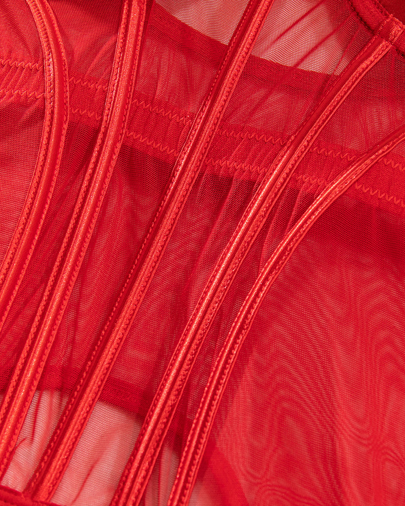 Sexy Mesh Breathable Body Shaping Split Steel Ring Gathered With Leg Ring Suit