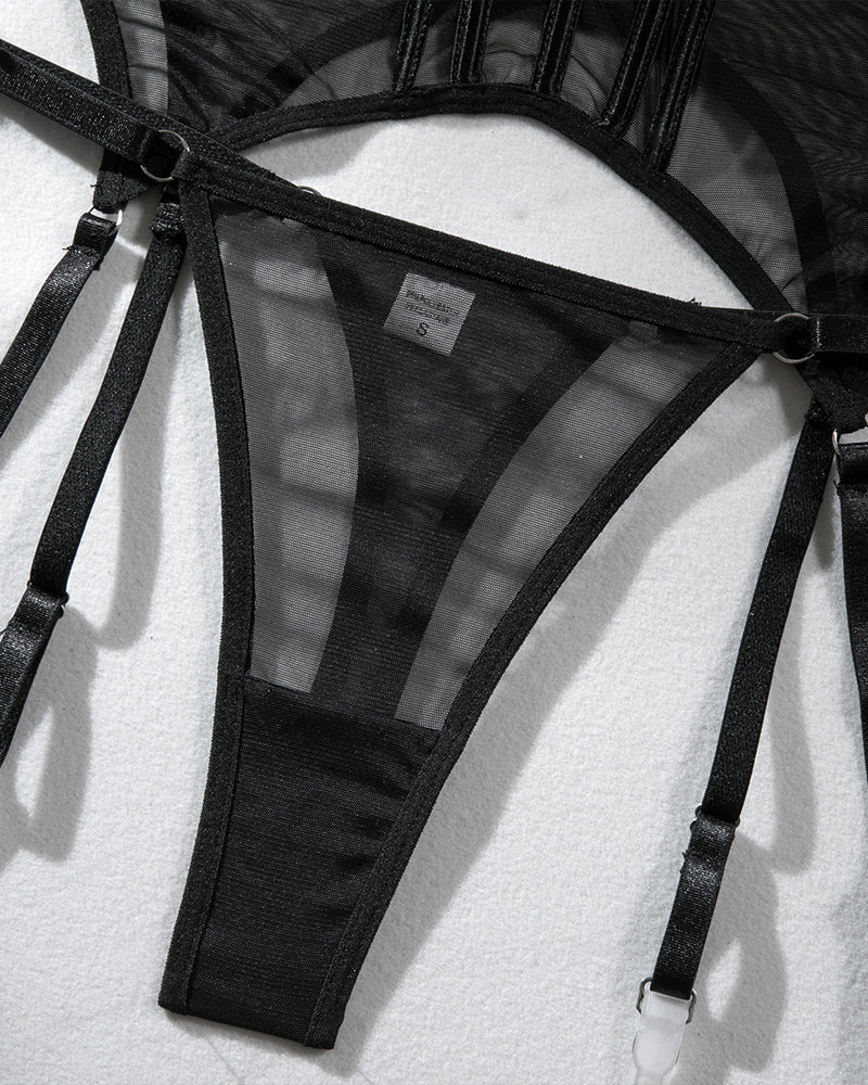 Sexy Mesh Breathable Body Shaping Split Steel Ring Gathered With Leg Ring Suit