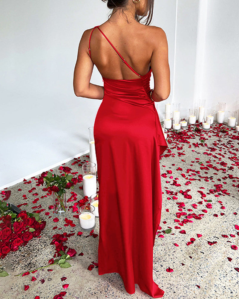 Women's Sexy One Shoulder Satin High Slit Cocktail Wedding Party Long Dress