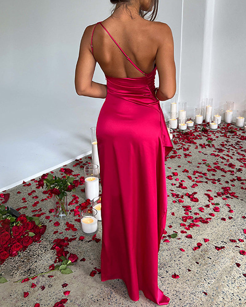 Women's Sexy One Shoulder Satin High Slit Cocktail Wedding Party Long Dress