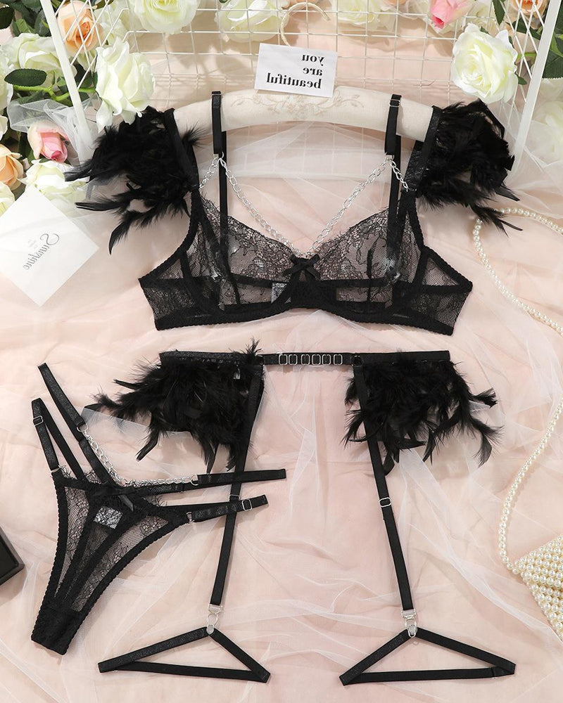 Sexy Lace Metal Chain Feather Embellished Pajama Set