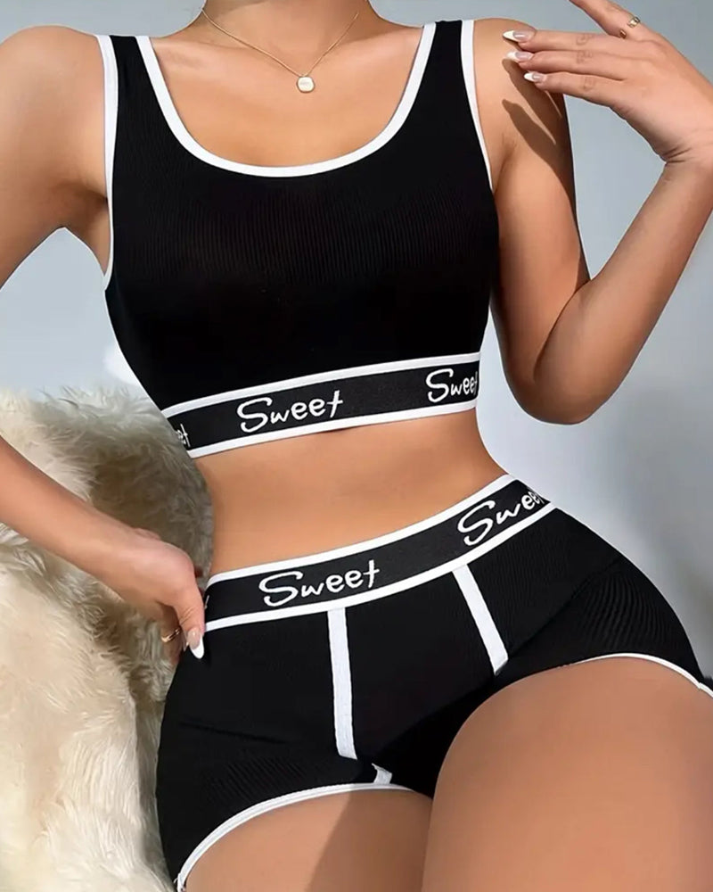 Yoga Letter Tape Contrast Bra and Boxer Briefs Casual Sports Set