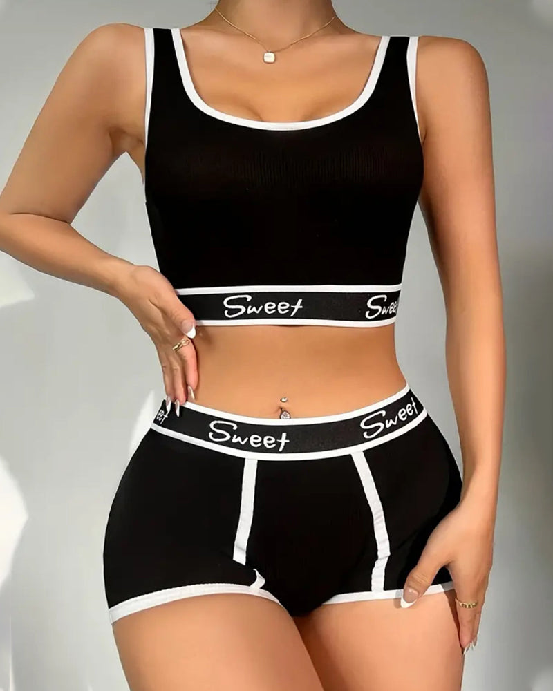 Yoga Letter Tape Contrast Bra and Boxer Briefs Casual Sports Set