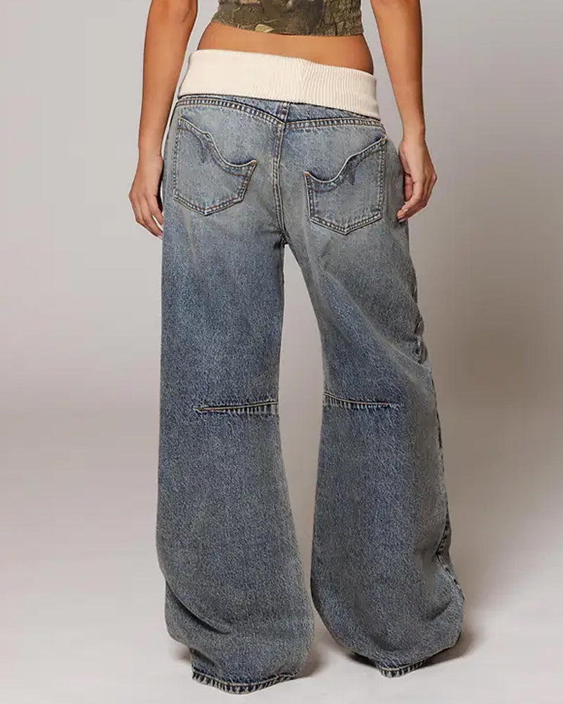 Vintage Knitted Belt Design Loose Washed Jeans