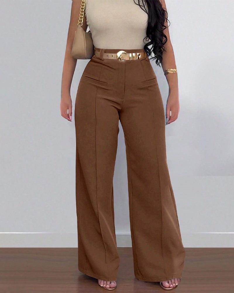 Casual High Waist Solid Color Pocket Wide Leg Pants