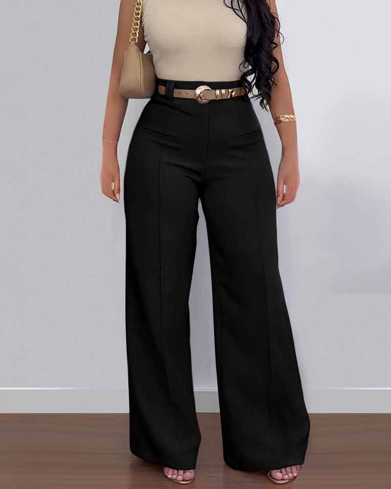 Casual High Waist Solid Color Pocket Wide Leg Pants
