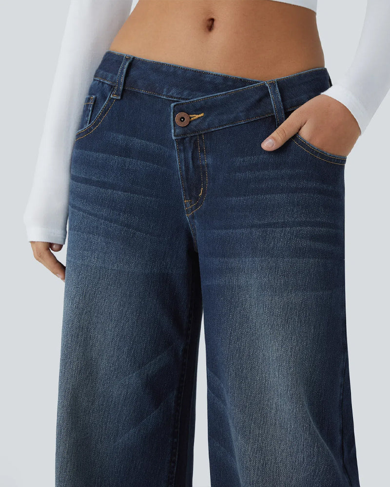 Asymmetric Low-Rise Zipper Pocket Loose Wide-Leg Washed Jeans