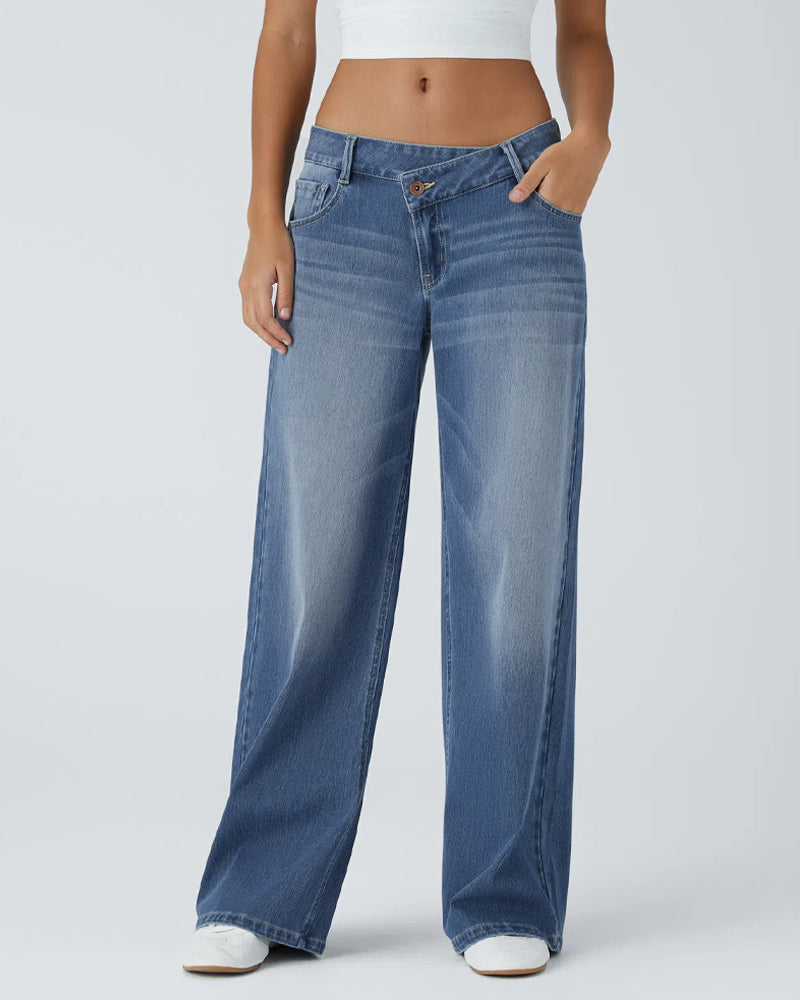 Asymmetric Low-Rise Zipper Pocket Loose Wide-Leg Washed Jeans
