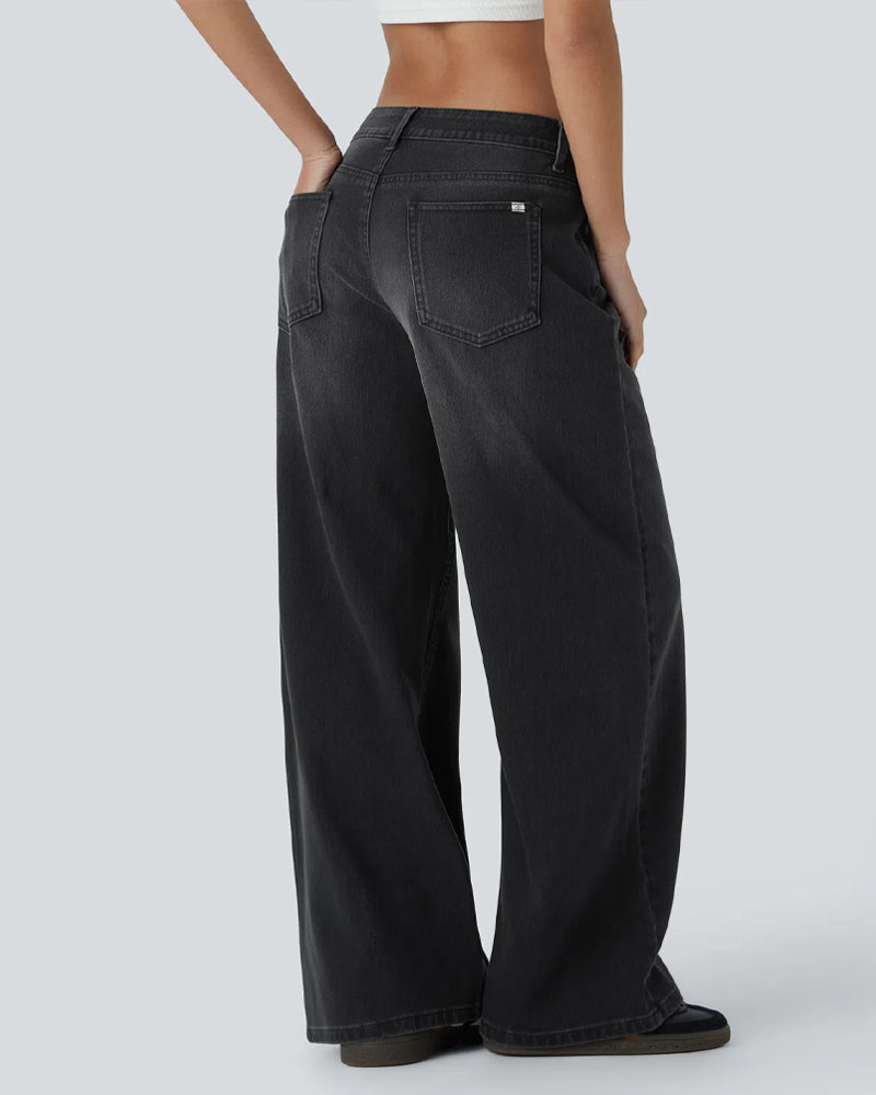 Asymmetric Low-Rise Zipper Pocket Loose Wide-Leg Washed Jeans