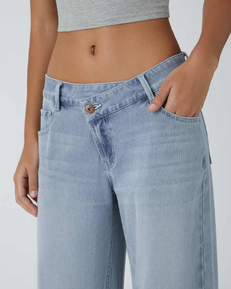 Asymmetric Low-Rise Zipper Pocket Loose Wide-Leg Washed Jeans