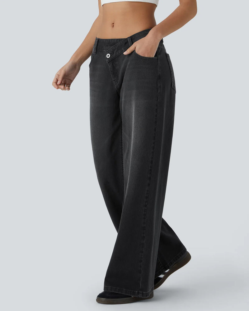 Asymmetric Low-Rise Zipper Pocket Loose Wide-Leg Washed Jeans