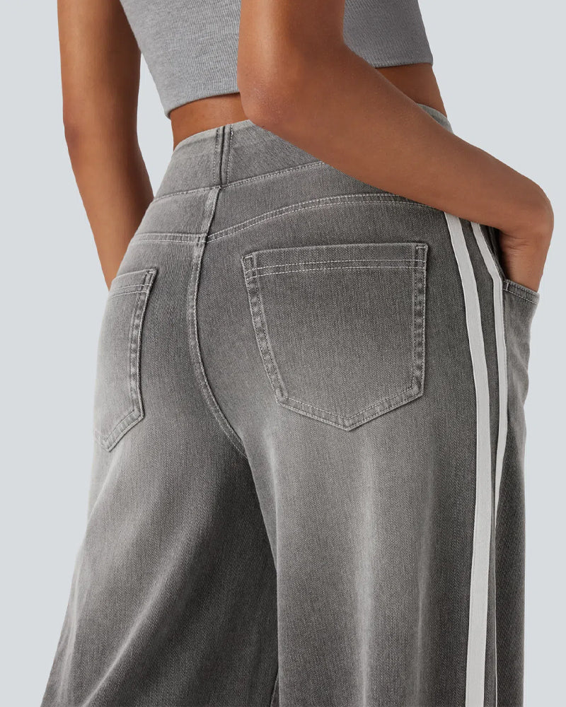 Casual High-Waist Striped Wide-Leg Washed Pocket Jeans