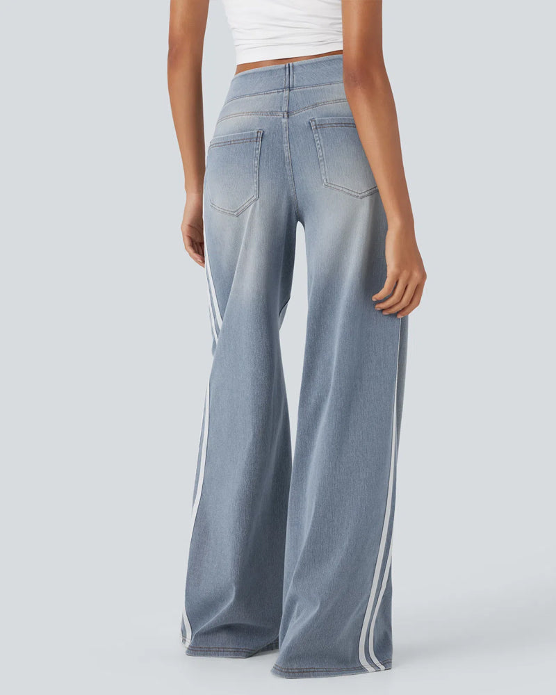 Casual High-Waist Striped Wide-Leg Washed Pocket Jeans