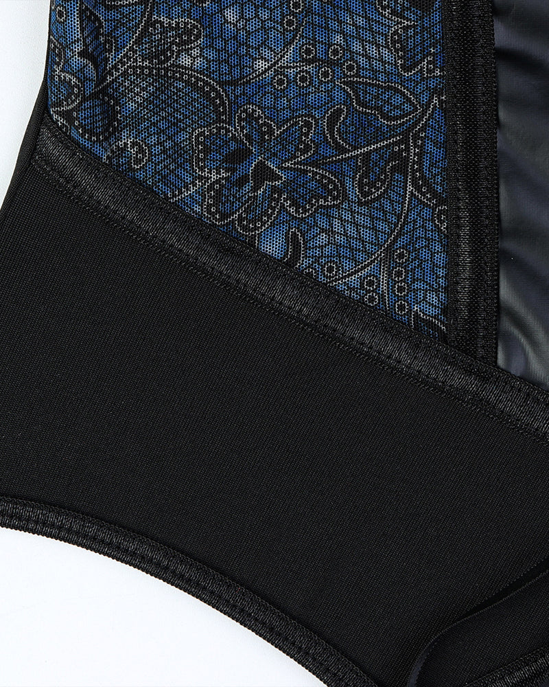 Retro Printed Mesh and PU Leather Cross-Strap Bow Bodysuit