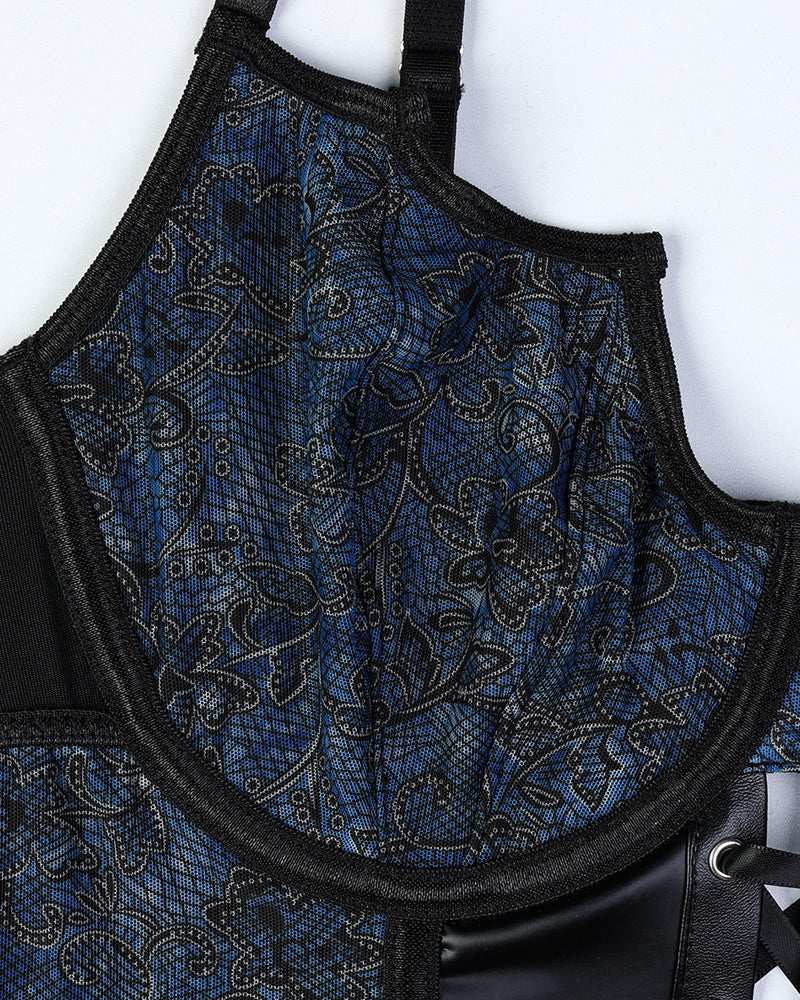 Retro Printed Mesh and PU Leather Cross-Strap Bow Bodysuit