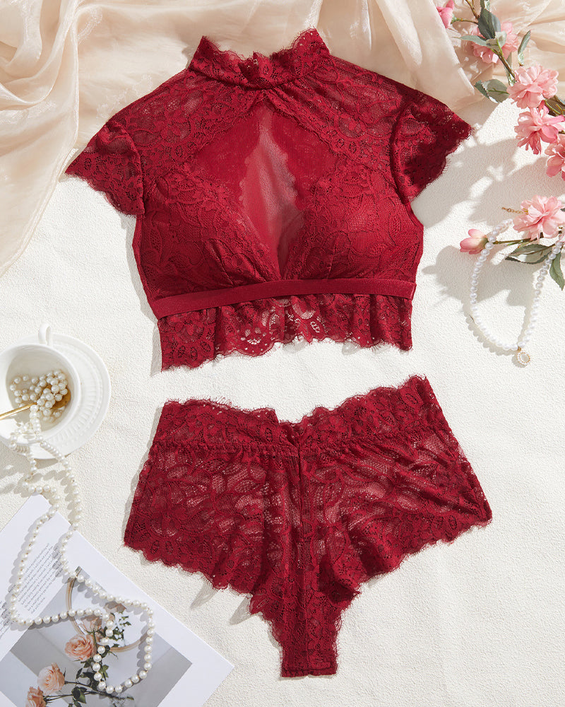 High Neck Lace Sheer Mesh Backless Bra Underwear Set