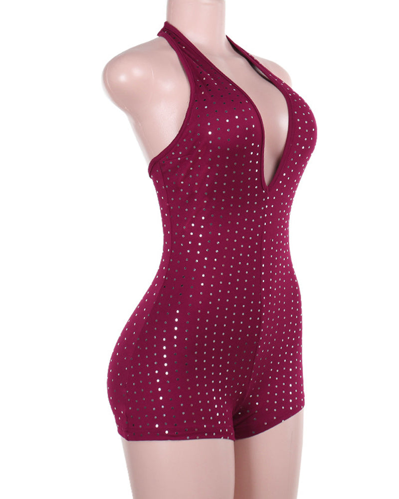 Sexy Slim Fit Deep V Jumpsuit with Rhinestones