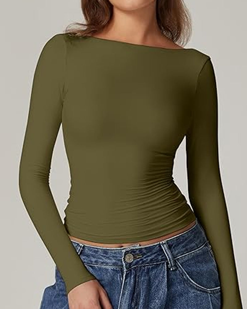 Women's Sexy Open Back Seamless Turtleneck Double Lined Slim Fit Long Sleeve Top