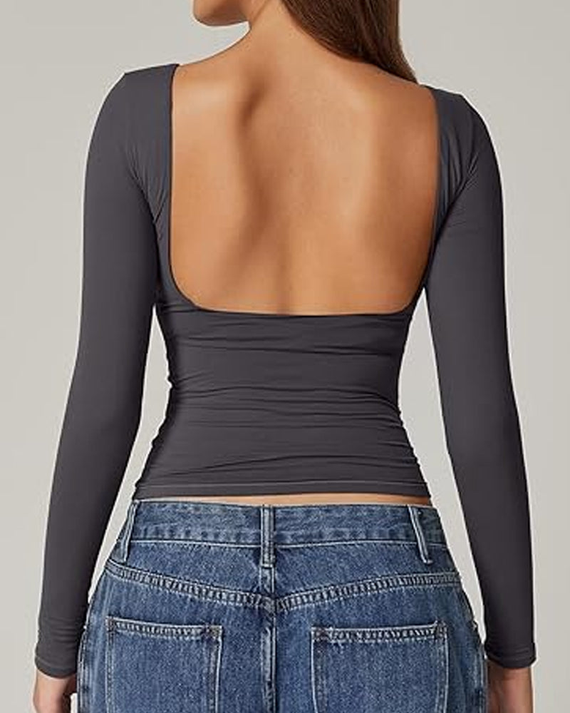 Women's Sexy Open Back Seamless Turtleneck Double Lined Slim Fit Long Sleeve Top