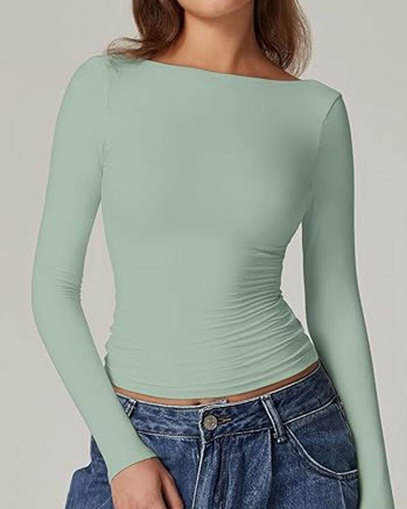 Women's Sexy Open Back Seamless Turtleneck Double Lined Slim Fit Long Sleeve Top
