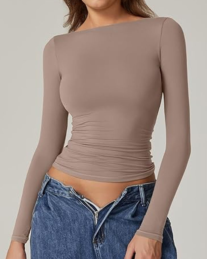 Women's Sexy Open Back Seamless Turtleneck Double Lined Slim Fit Long Sleeve Top