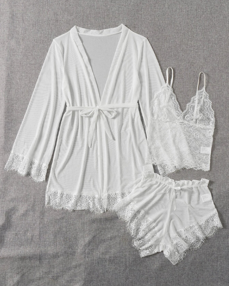 Sexy Lace Tulle Pajamas Three-piece Set