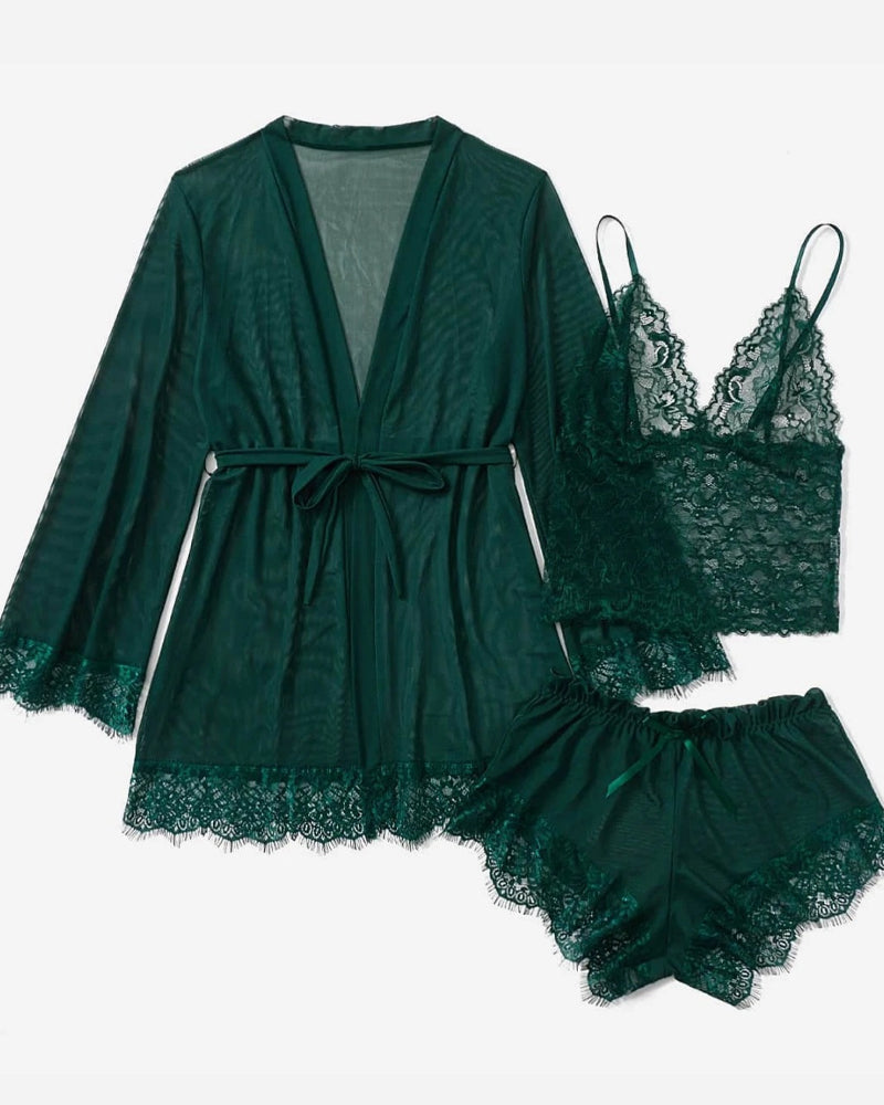 Sexy Lace Tulle Pajamas Three-piece Set