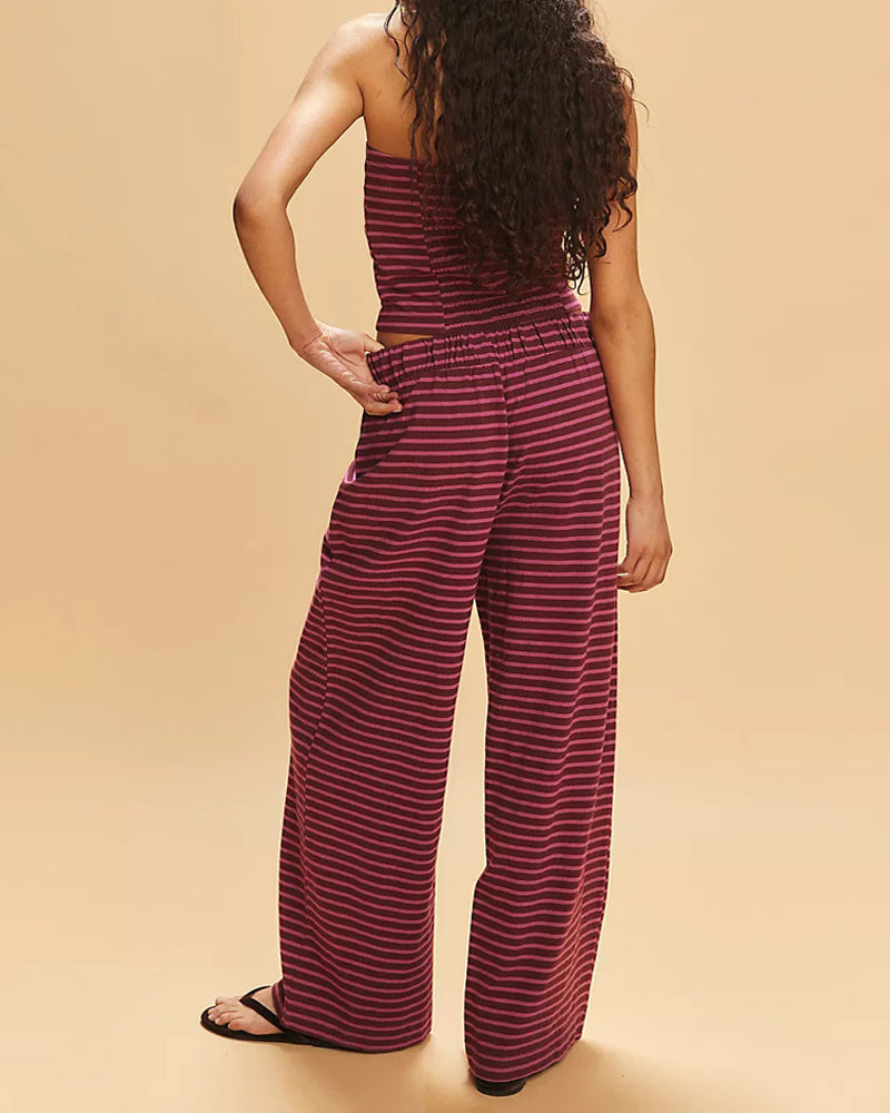 Women's Striped Print Casual Short Tube Top Wide-leg Pants Suit