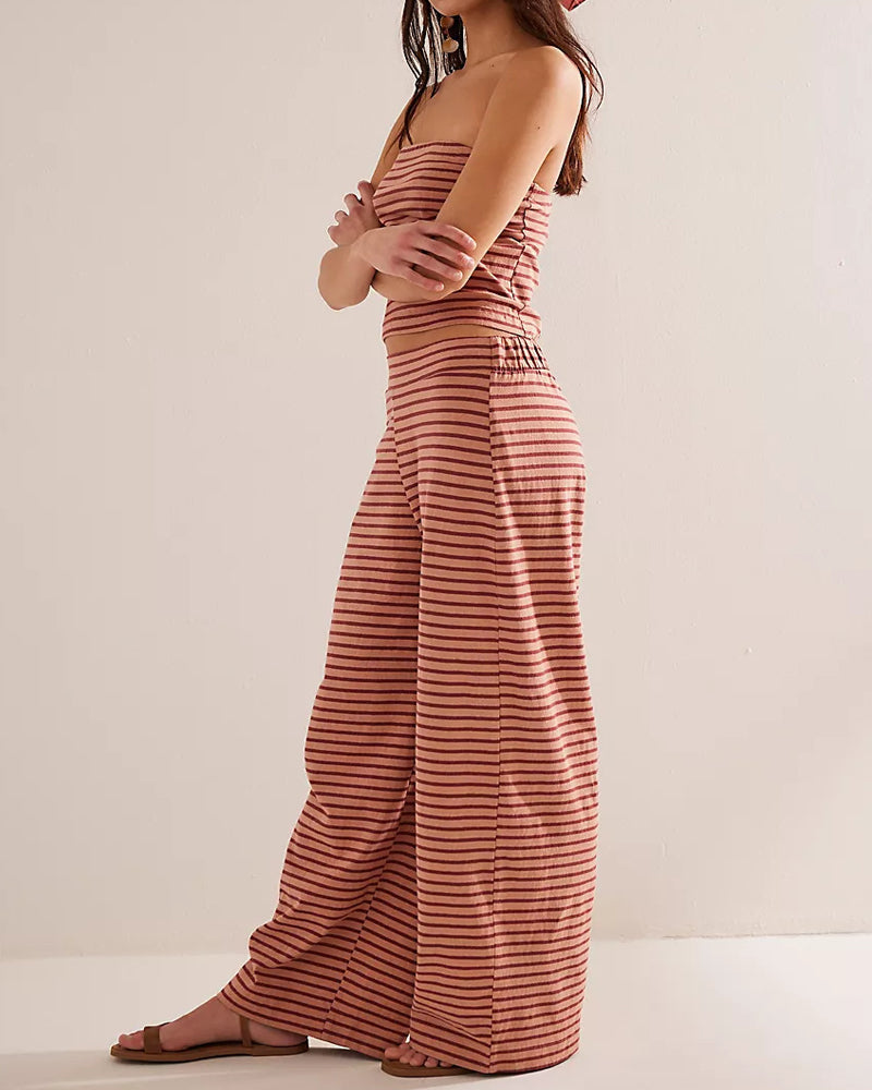 Women's Striped Print Casual Short Tube Top Wide-leg Pants Suit