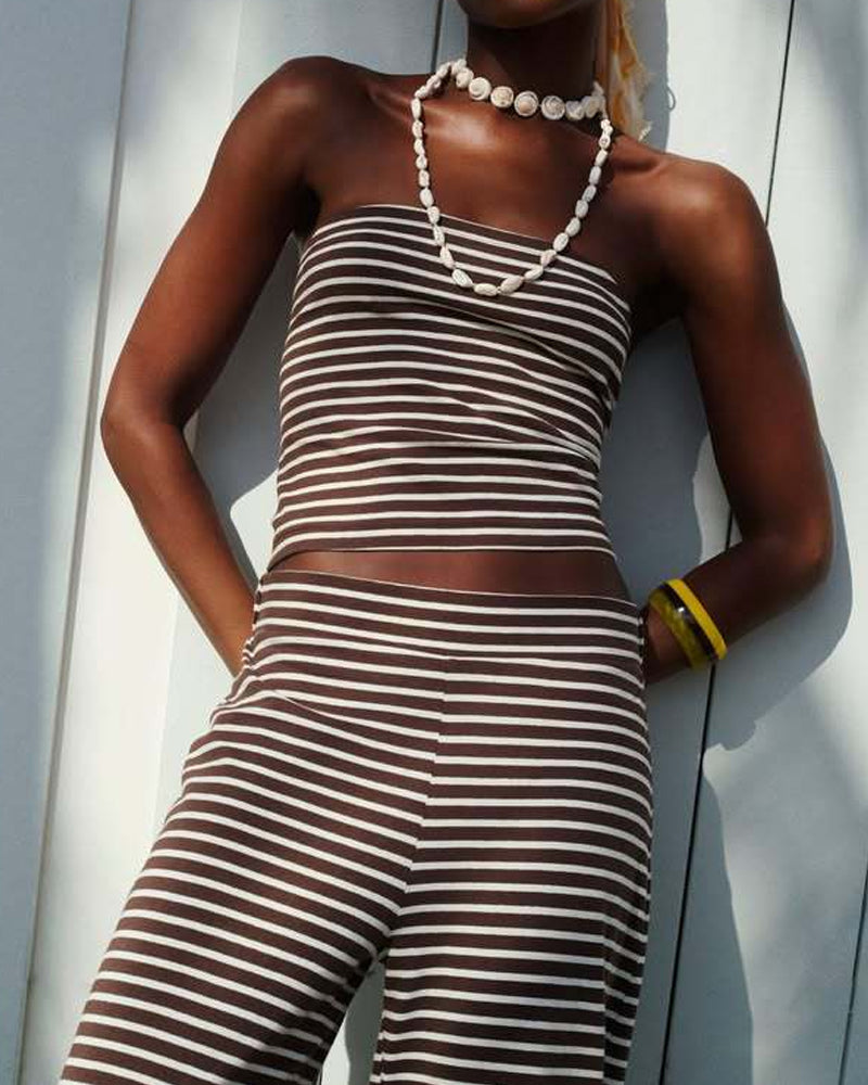 Women's Striped Print Casual Short Tube Top Wide-leg Pants Suit