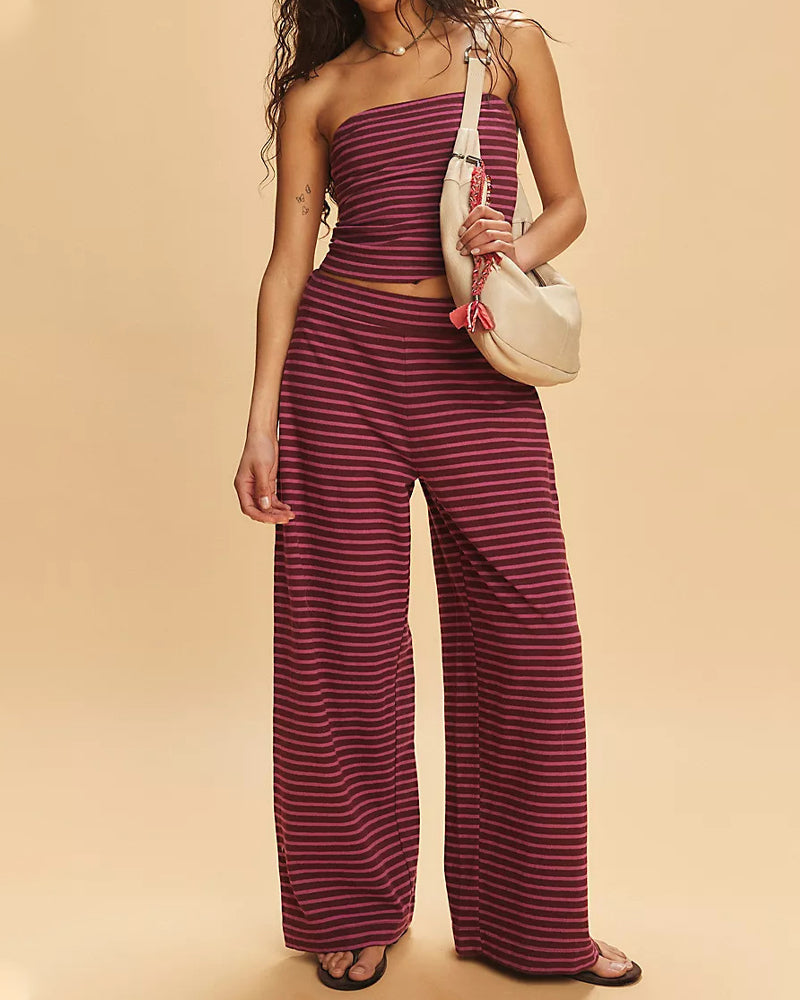 Women's Striped Print Casual Short Tube Top Wide-leg Pants Suit
