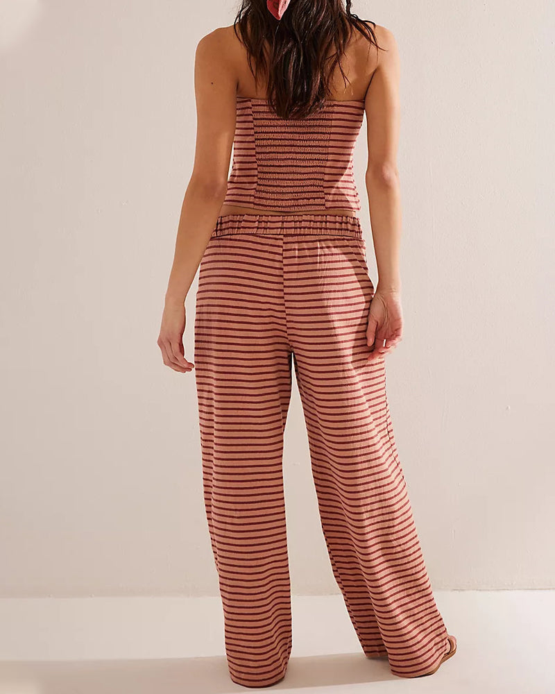 Women's Striped Print Casual Short Tube Top Wide-leg Pants Suit