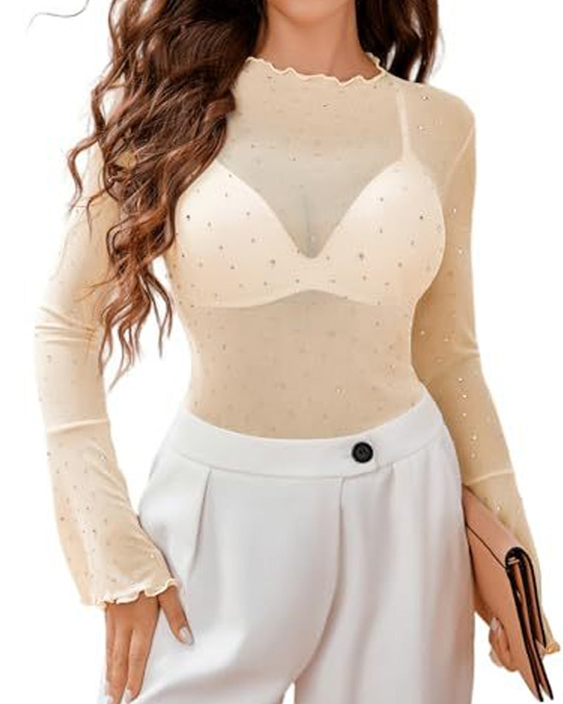 Women's Mesh Transparent Sequined Flared Long Sleeve T-shirt Top