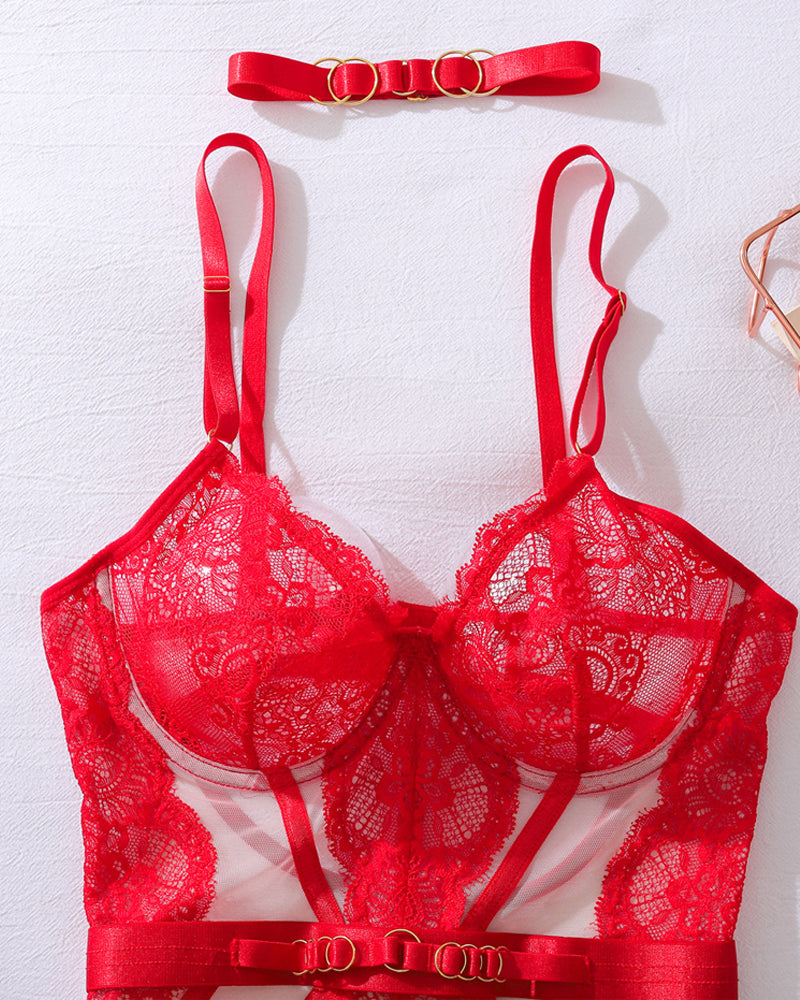 Metal Buckle Decorated Lace See-through Sexy Lingerie Set