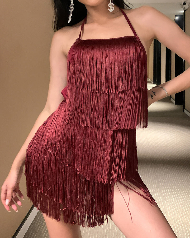 Sexy Tassel Halter Neck Solid Color Backless Jumpsuit