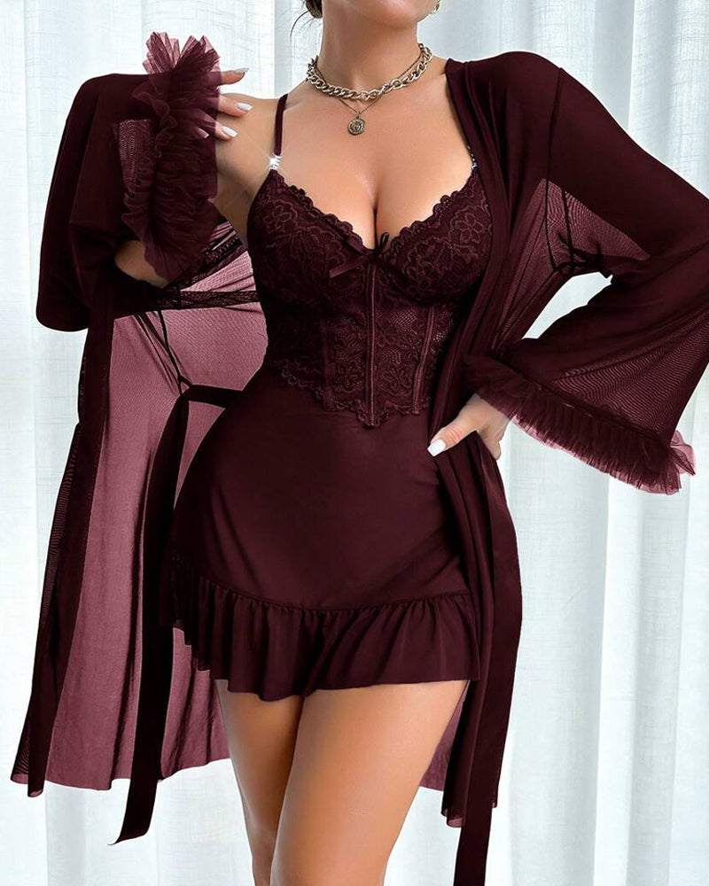 Sexy Lace Mesh See-through Nightgown Set