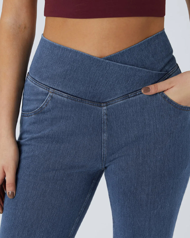 High-waisted Cross-pocket Stretch Flared Washed Casual Jeans