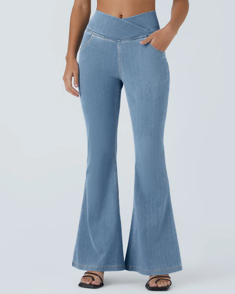 High-waisted Cross-pocket Stretch Flared Washed Casual Jeans