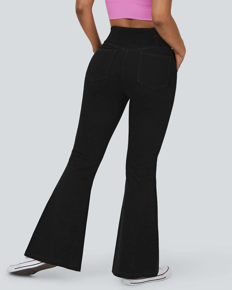 High-waisted Cross-pocket Stretch Flared Washed Casual Jeans