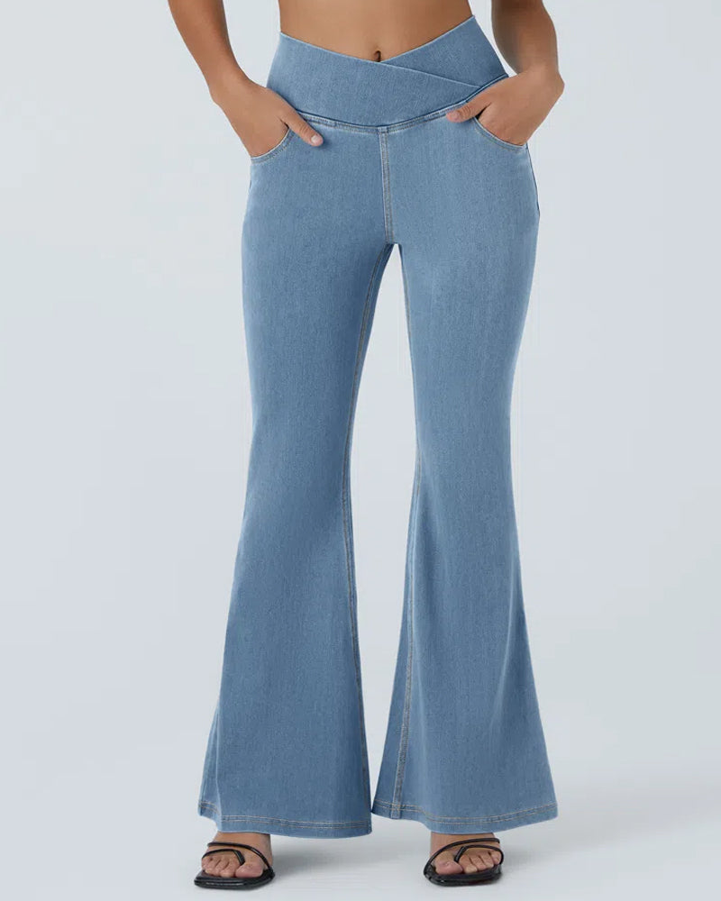 High-waisted Cross-pocket Stretch Flared Washed Casual Jeans