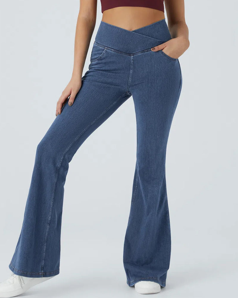 High-waisted Cross-pocket Stretch Flared Washed Casual Jeans