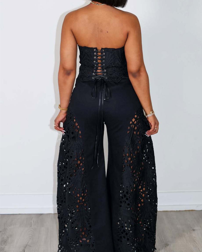 Fashionable Lace Tube Top Hollow Trousers Suit