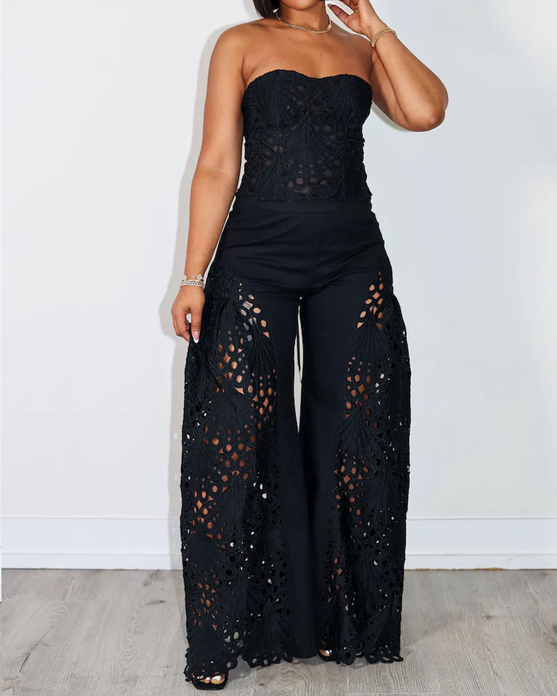 Fashionable Lace Tube Top Hollow Trousers Suit