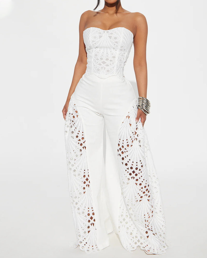 Fashionable Lace Tube Top Hollow Trousers Suit