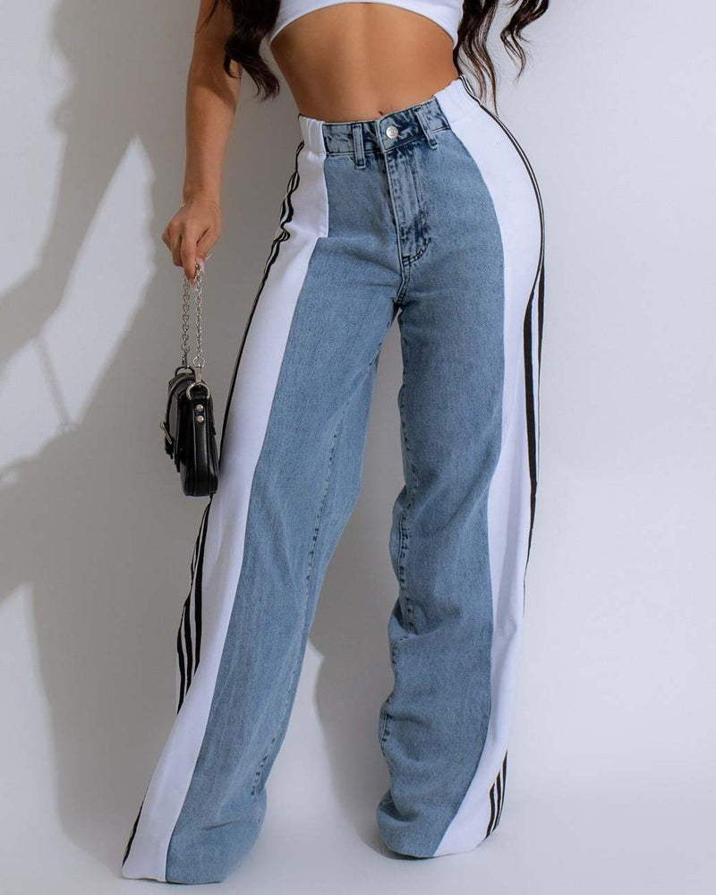 Fashion Striped Colorblock Wide-leg Jeans