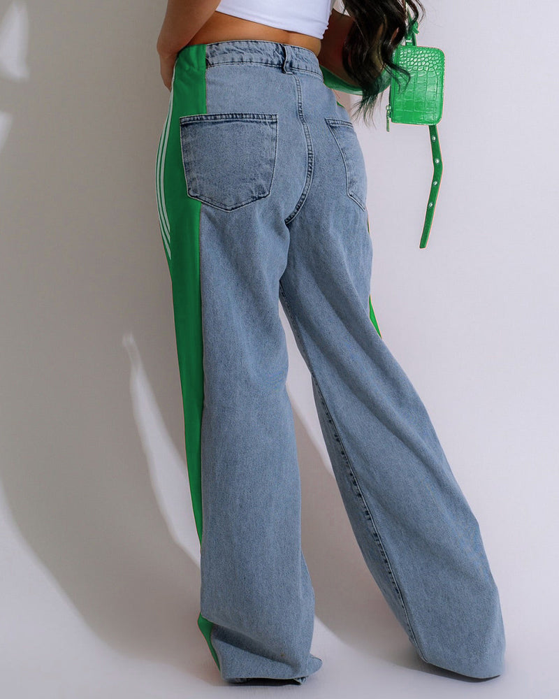 Fashion Striped Colorblock Wide-leg Jeans