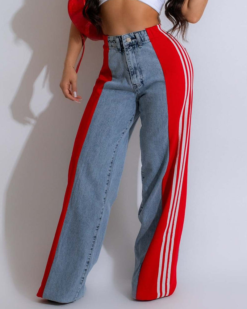Fashion Striped Colorblock Wide-leg Jeans