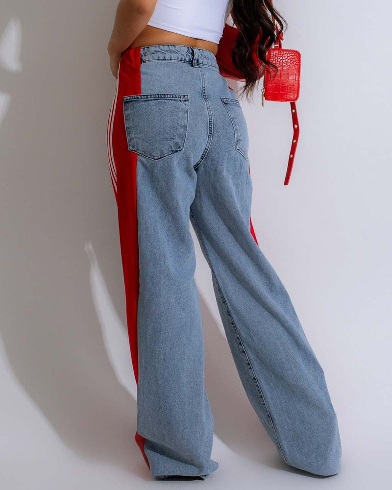 Fashion Striped Colorblock Wide-leg Jeans
