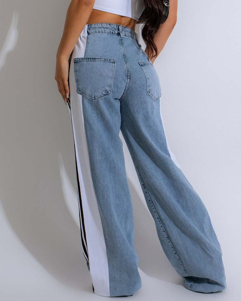 Fashion Striped Colorblock Wide-leg Jeans