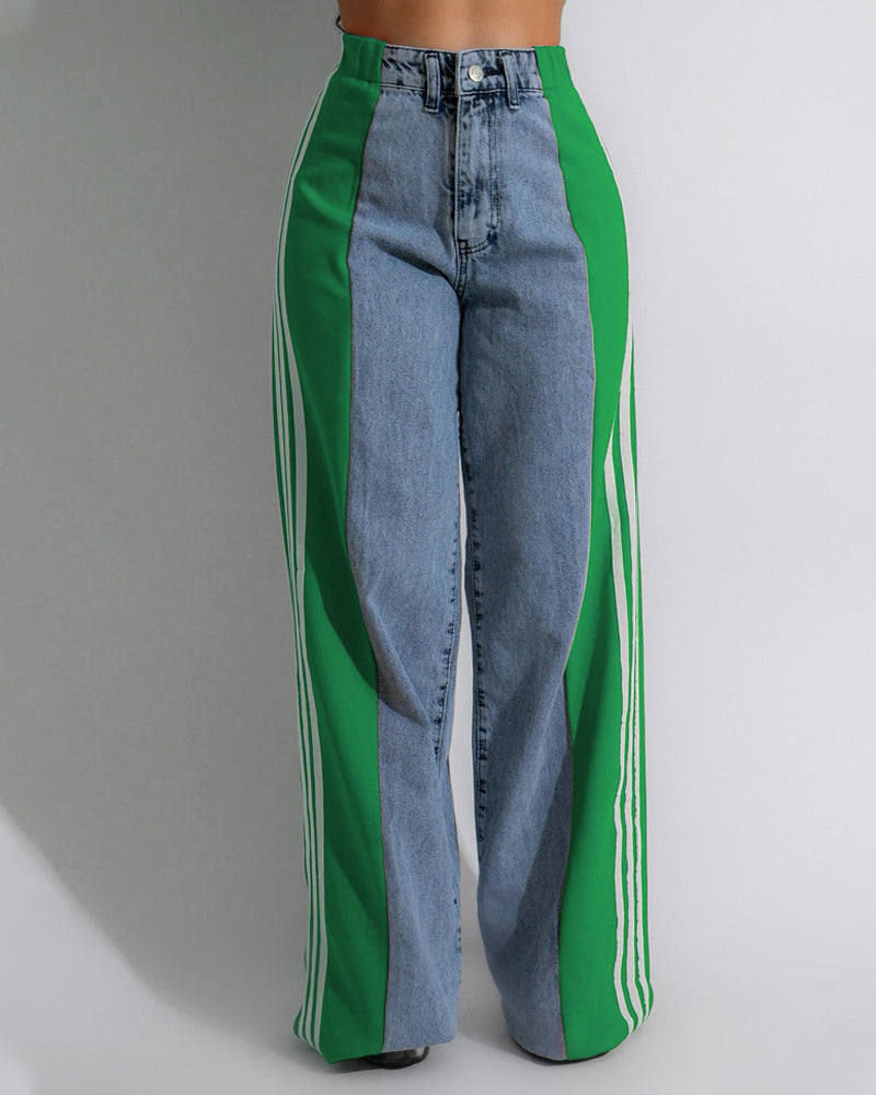 Fashion Striped Colorblock Wide-leg Jeans